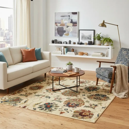 Dywan wełniany kwadrat Dywilan Omega Latica kremowy aranżacja