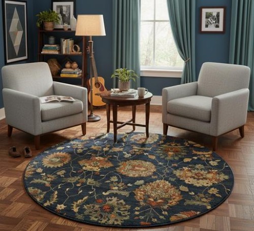 Dywan wełniany okrągły Dywilan Omega Latica navy aranżacja