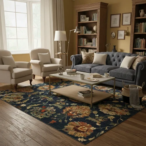 Dywan wełniany kwadrat Dywilan Omega Latica navy aranżacja