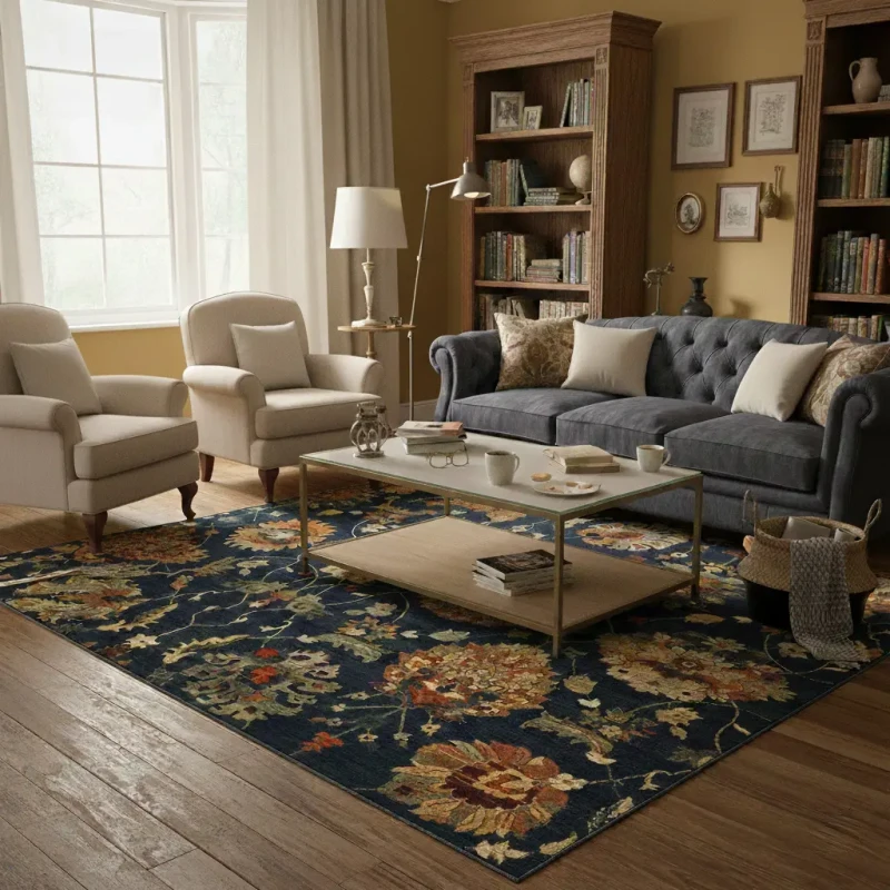 Dywan wełniany kwadrat Dywilan Omega Latica navy aranżacja