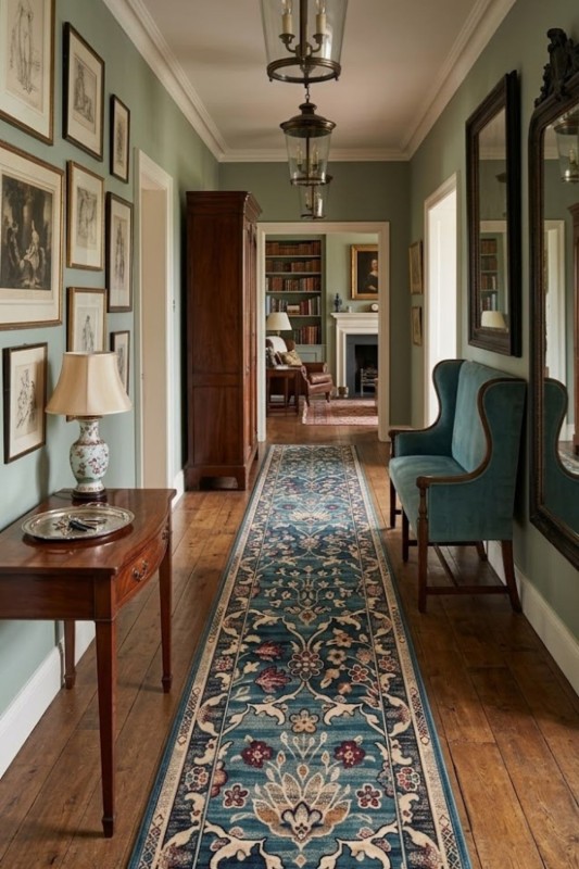 Chodnik wełniany Agnella Isfahan Amara kolor szmaragdowy w przedpokoju