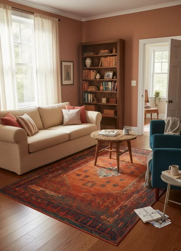 Dywan wełniany Dywilan Omega Mistik czerwony aranżacja