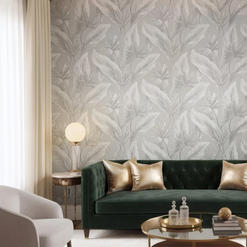 Tapeta szara w liście do salonu nowoczesnego 36463 Whisper Marburg.webp