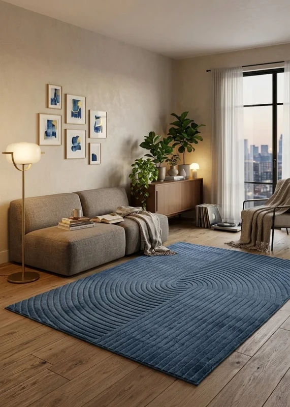 Dywan art deco 3d Dywilan Juno 4 D801AZ denim aranżacja