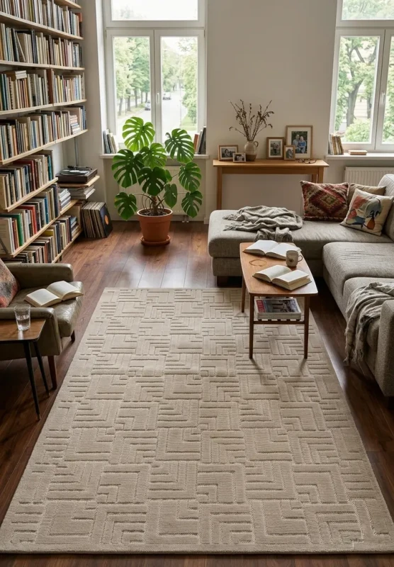 Dywan art deco 3d Dywilan Juno Lux 4 D147A beige  aranżacja