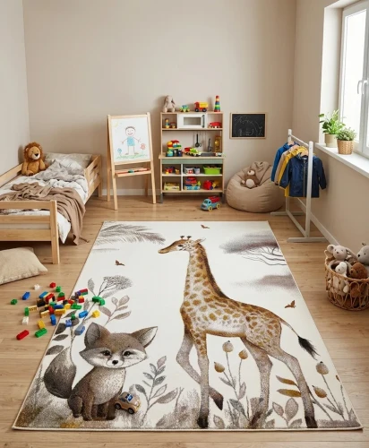 Dywan dziecięcy 3d Dywilan Luna Giraffe with Fox 40423 aranżacja