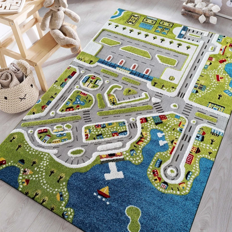 Dywan sensoryczny dla dzieci zielony 3D COLOR KIDS 01 wzór ulice i port - zdj. aranżacyjne