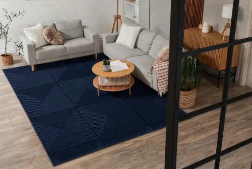 Dywan nowoczesny Aura J2624A geometryczny ciemny niebieski aranżacja