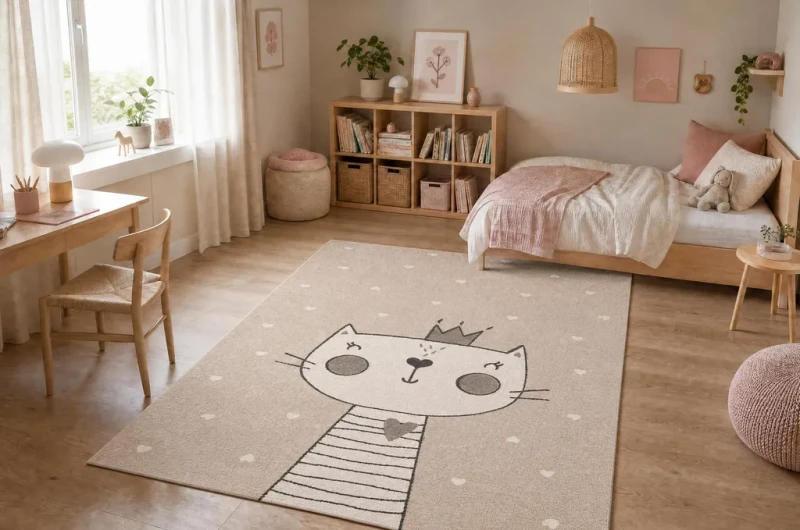 Dywan dla dzieci Kiddo 6106 kotek krem w pokoju dziewczynki