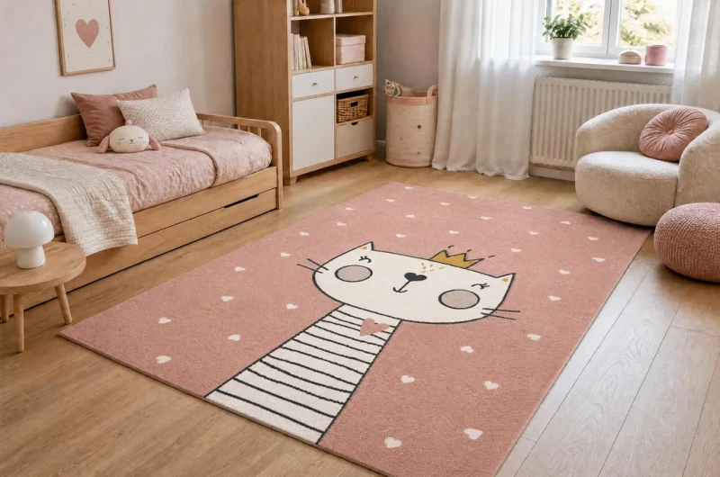 Dywan dla dziewczynki Kiddo 6106 kotek w koronie różowy do pokoju dziecięcego