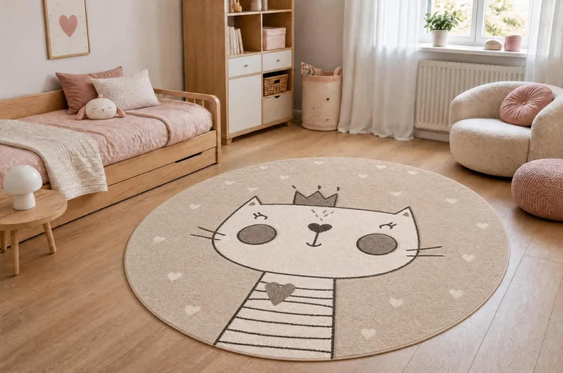 Dywan dla dzieci koło Kiddo 6106 kotek krem w pokoju dziewczynki