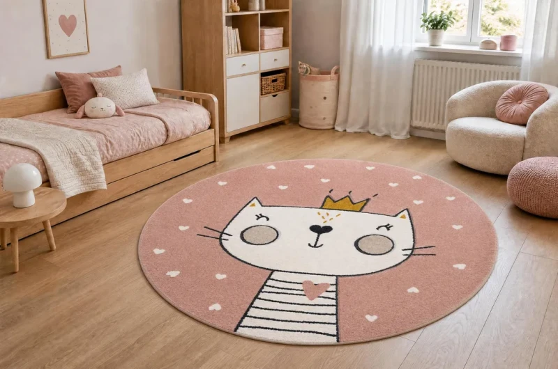 Dywan dla dzieci koło Kiddo 6106 kotek różowy w pokoju dziewczynki