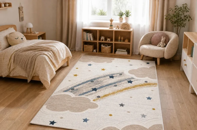 Dywan Kiddo 5264 chmurki tęcza beż-krem do pokoju dziecięcego