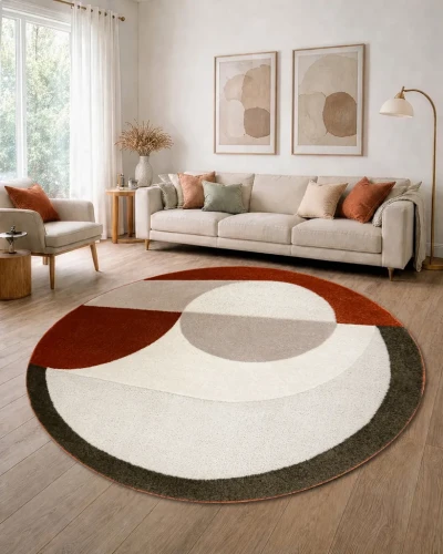 Dywan okrągły geometryczny Dune 8088 krem-terakota do salonu