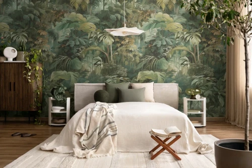 Mural botaniczny za łóżkiem w sypialni AS 79223-2.webp