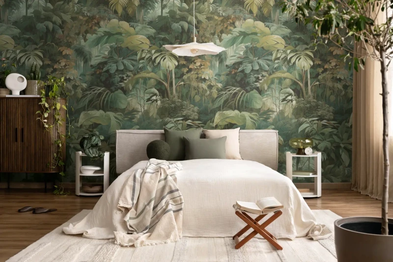 Mural botaniczny za łóżkiem w sypialni AS 79223-2.webp