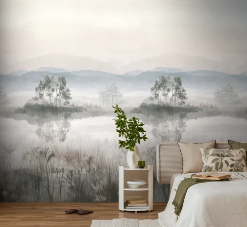 Mural z jeziorem i górami do sypialni AS 79236-5.webp