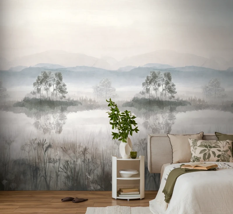 Mural z jeziorem i górami do sypialni AS 79236-5.webp
