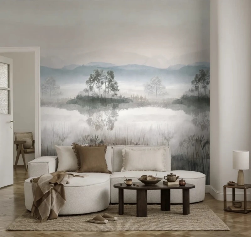Mural z pejzażem jeziora za kanapą AS 79236-5.webp