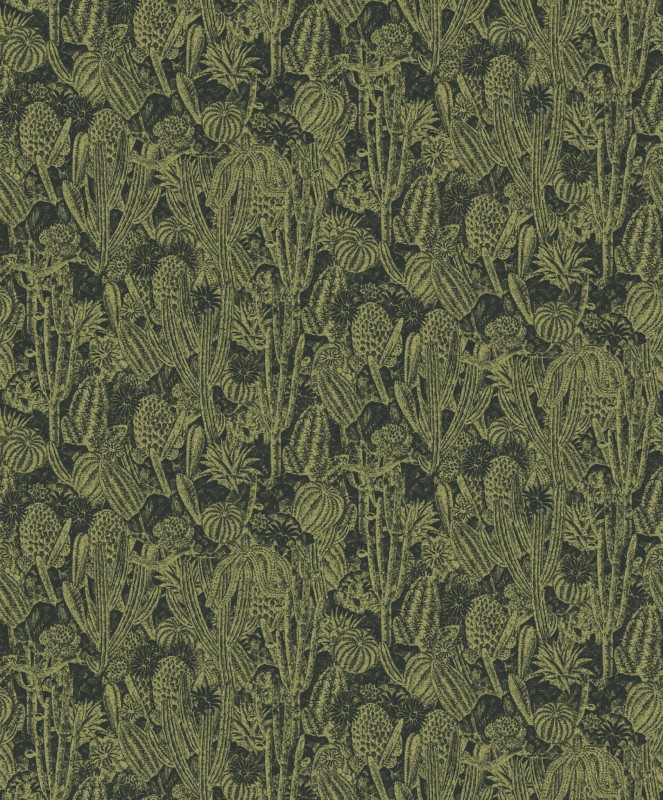 Tapeta ciemnozielona ze złotymi kaktusami Khroma Havana HAV204  Cactus Iguana