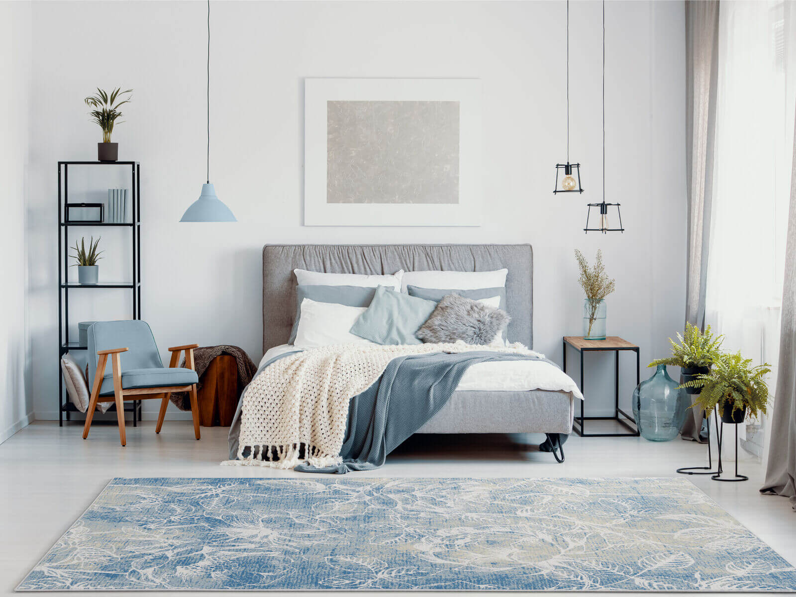 Dywan wełniany Agnella Isfahan Rhode niebieski w sypialni