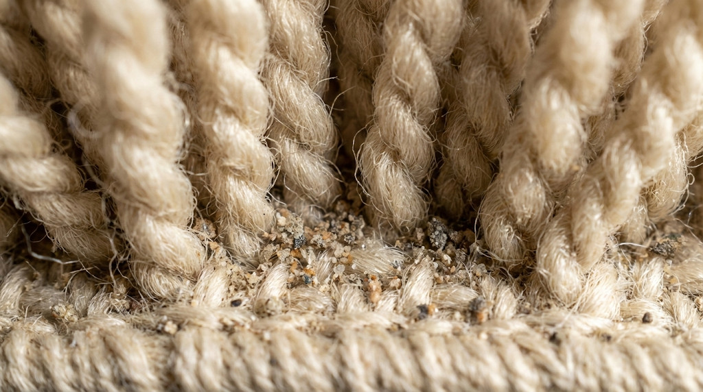 Zbliżenie makro na włókna dywanu, pokazujące drobiny piasku i kurzu ukryte głęboko w runie.