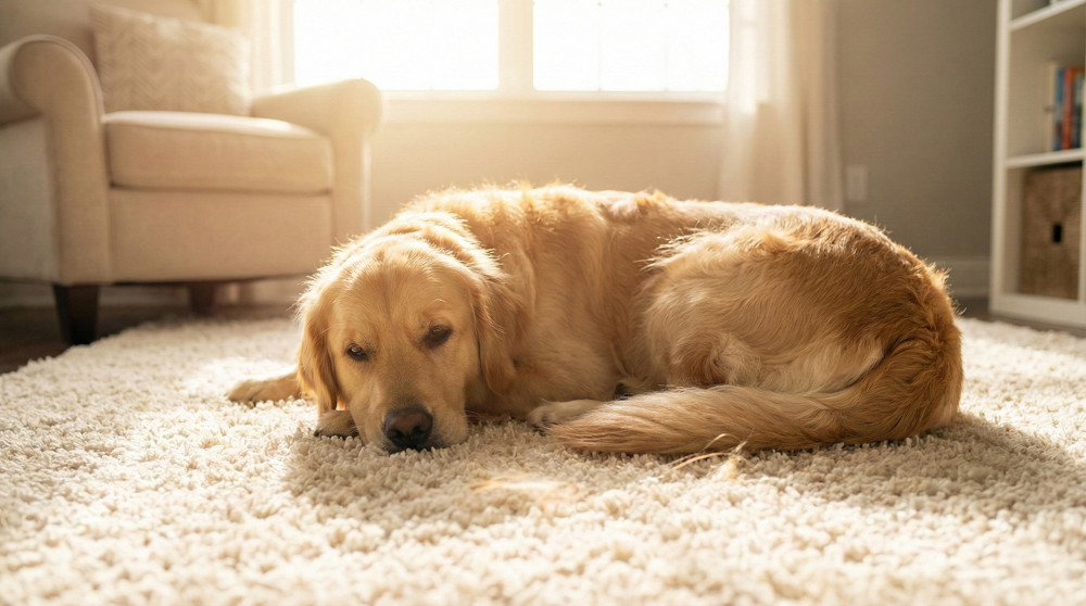 Pies rasy Golden Retriever leżący na puszystym dywanie typu shaggy w nasłonecznionym salonie.