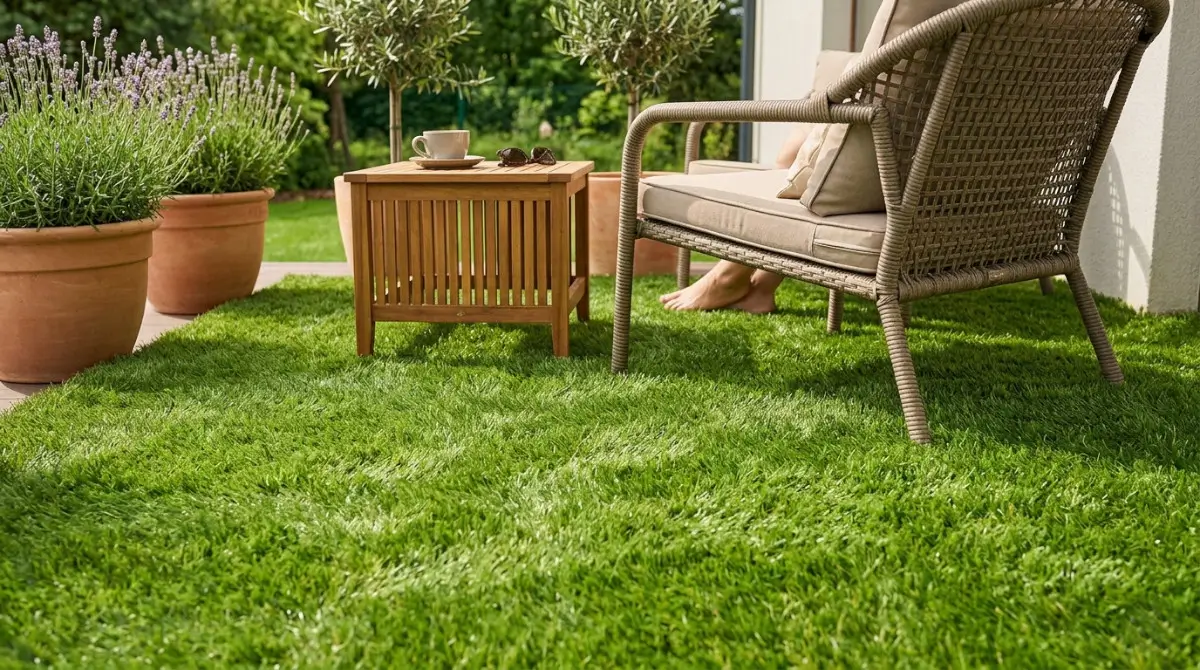 Taras ogrodowy ze sztuczną trawą