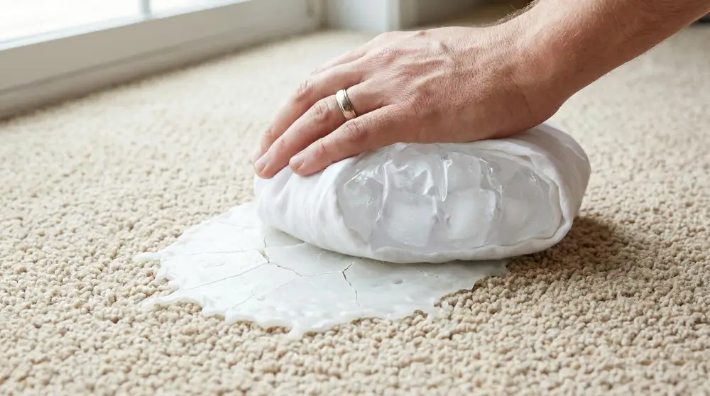 Zamrażanie wosku na dywanie za pomocą worka z lodem – metoda na zimno.