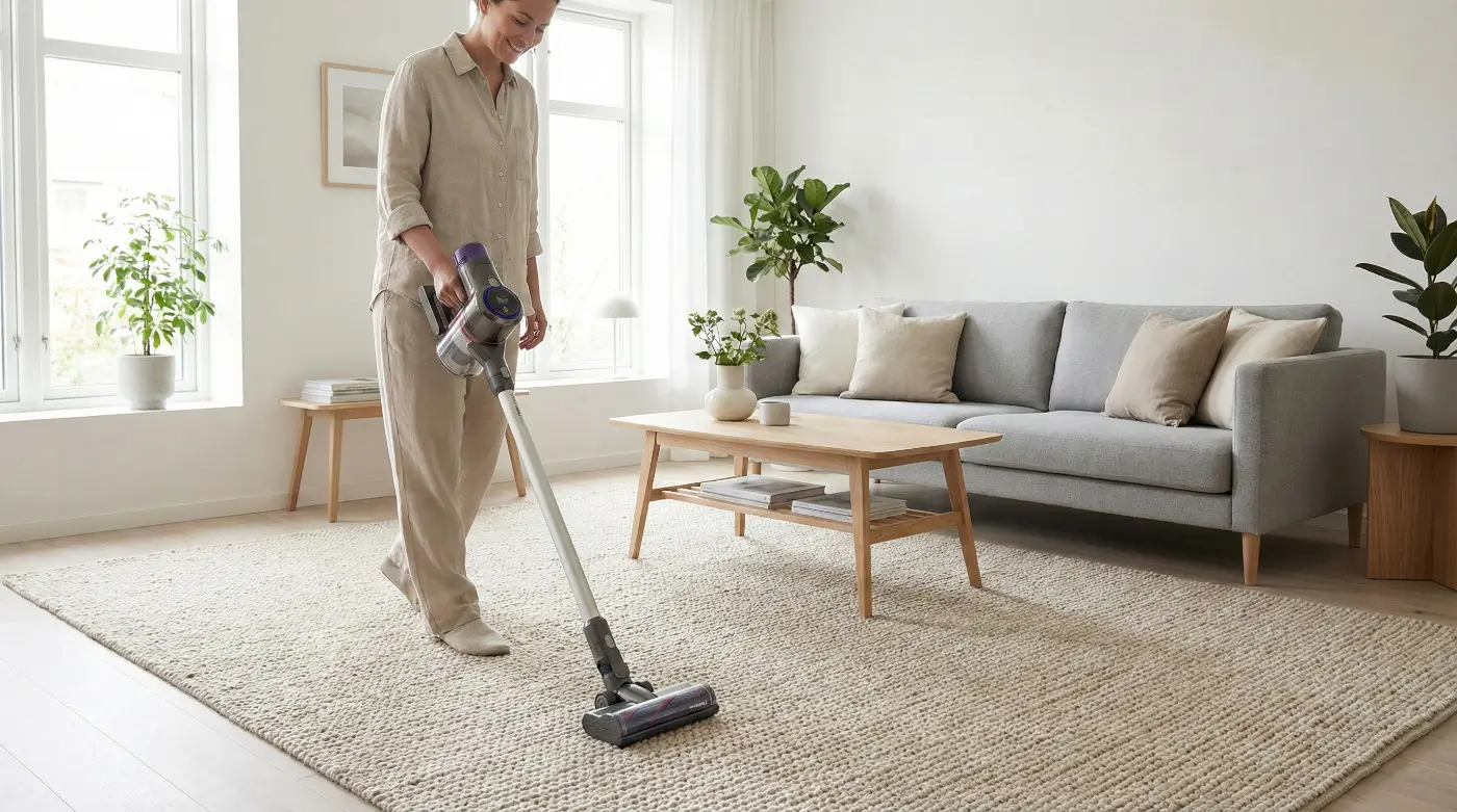 Jak często prać i odkurzać dywan? Nowoczesny salon z jasnym dywanem wełnianym, odkurzanym bezprzewodowym odkurzaczem w słoneczny dzień