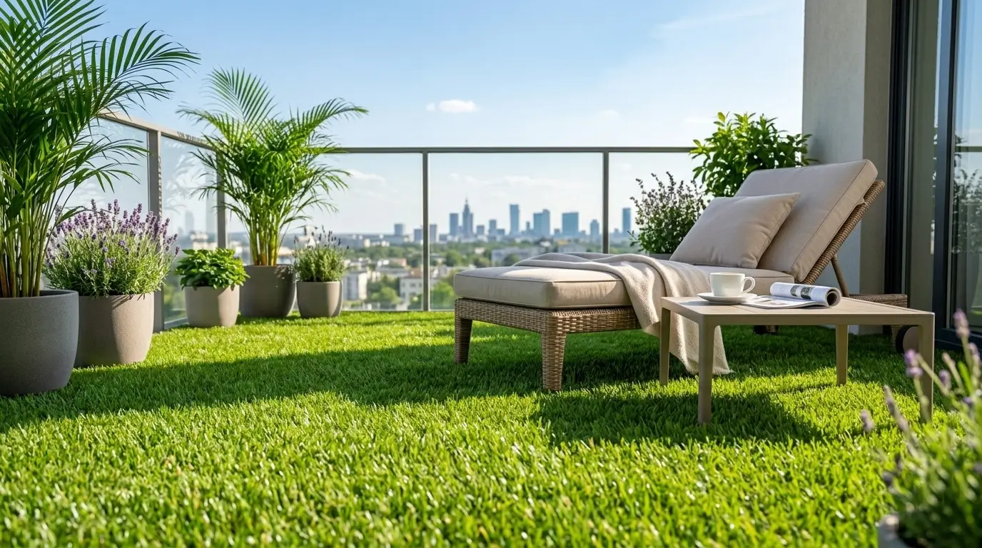 Strefa relaksu na tarasie z gęstą sztuczną trawą i fotelem wypoczynkowym