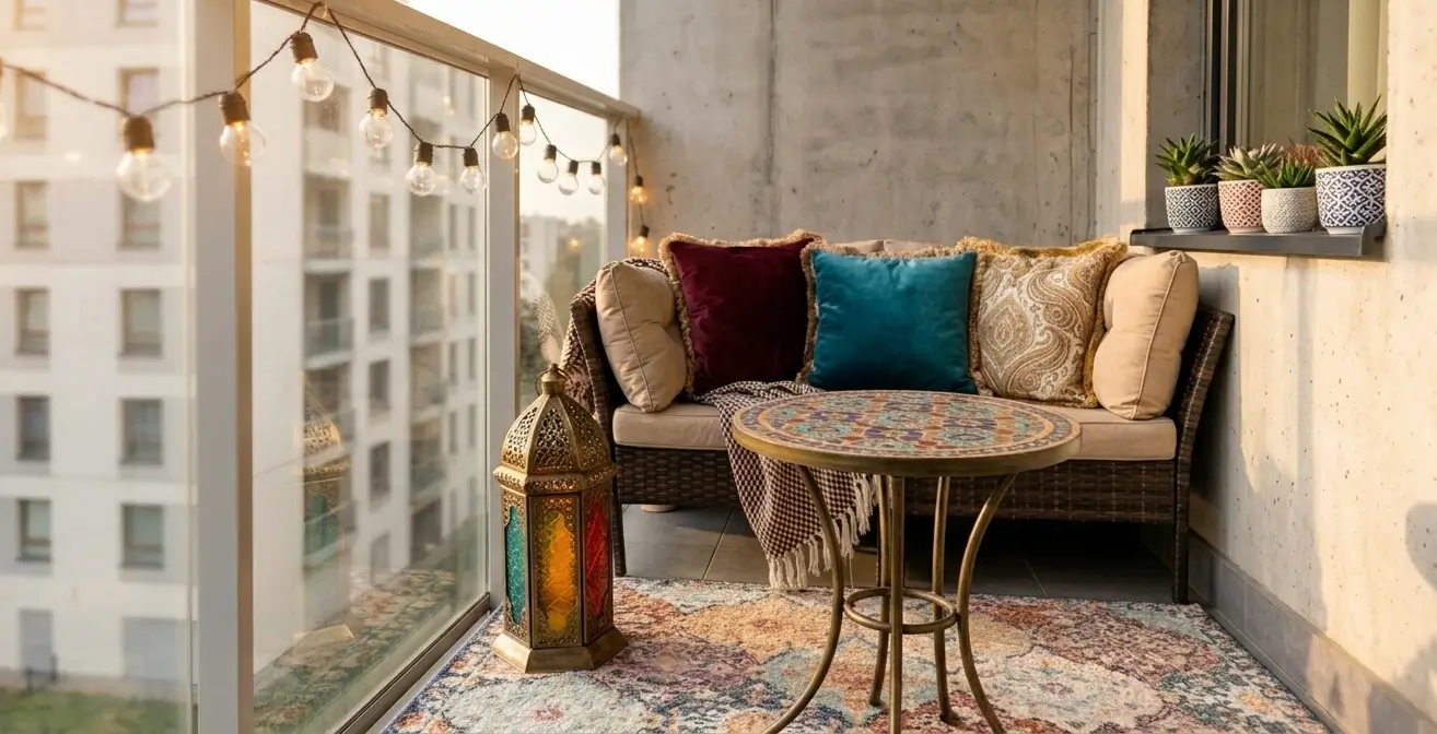 Panoramiczne ujęcie klimatycznego, nowoczesnego balkonu w stylu orientalnym, z widocznym wielobarwnym dywanem zewnętrznym