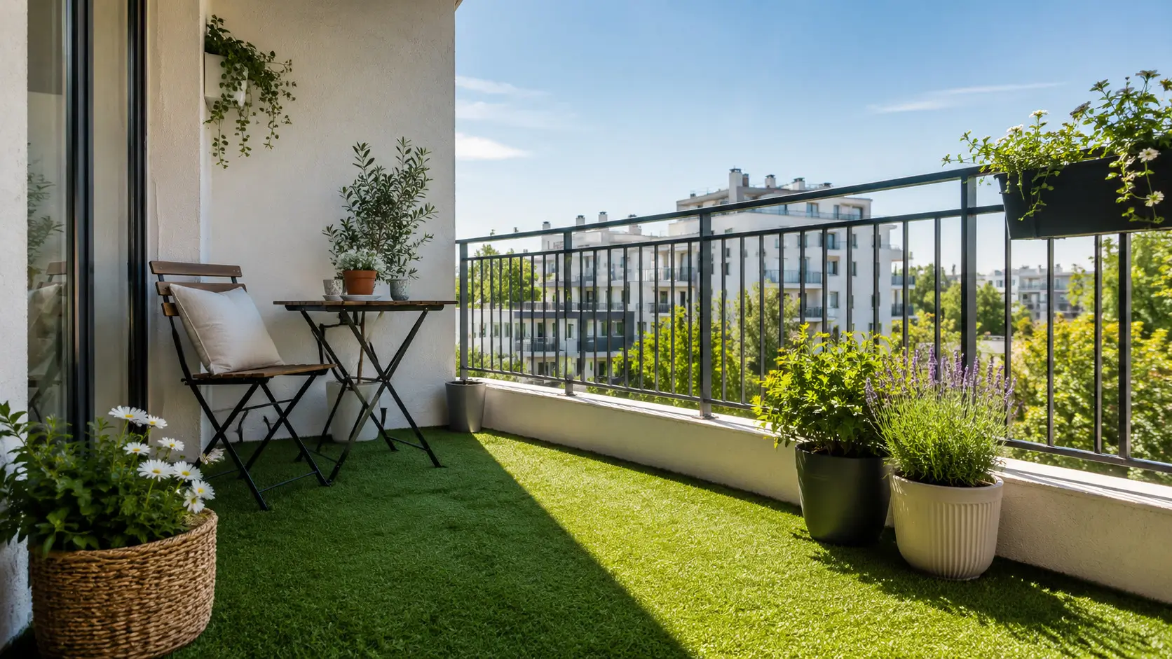Słoneczny balkon ze sztuczną trawą, roślinami w donicach i małym zestawem wypoczynkowym w letni dzień.